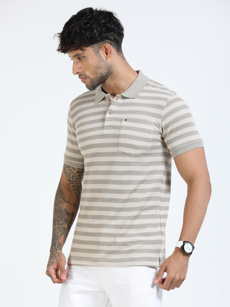 Men Cream Slim Fit Jacquard Stripes Polo T-Shirt