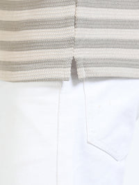 Men Cream Slim Fit Jacquard Stripes Polo T-Shirt