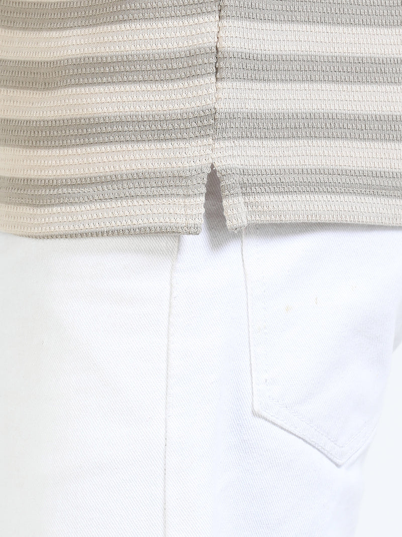 Men Cream Slim Fit Jacquard Stripes Polo T-Shirt