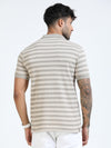 Men Cream Slim Fit Jacquard Stripes Polo T-Shirt