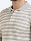 Men Cream Slim Fit Jacquard Stripes Polo T-Shirt