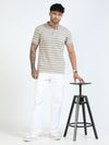 Men Cream Slim Fit Jacquard Stripes Polo T-Shirt