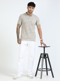 Men Cream Slim Fit Jacquard Stripes Polo T-Shirt
