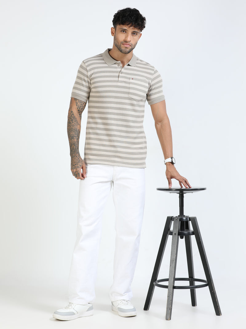 Men Cream Slim Fit Jacquard Stripes Polo T-Shirt
