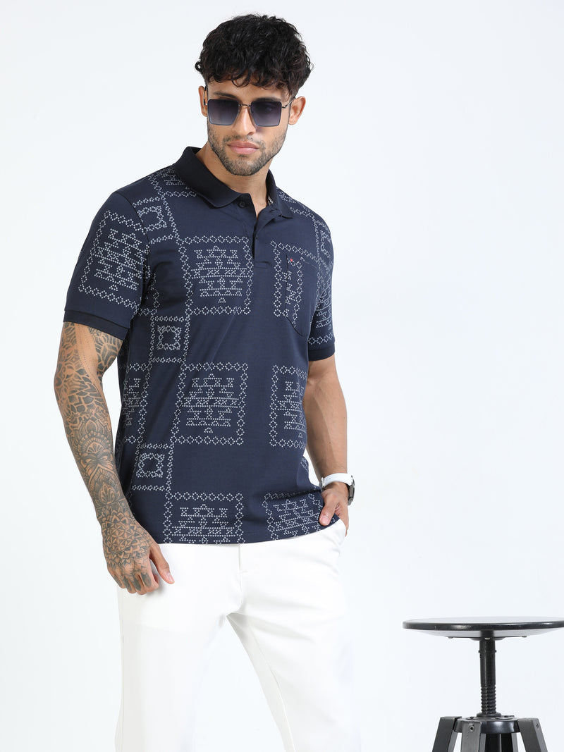 Men Navy Slim Fit Printed Polo T-Shirt