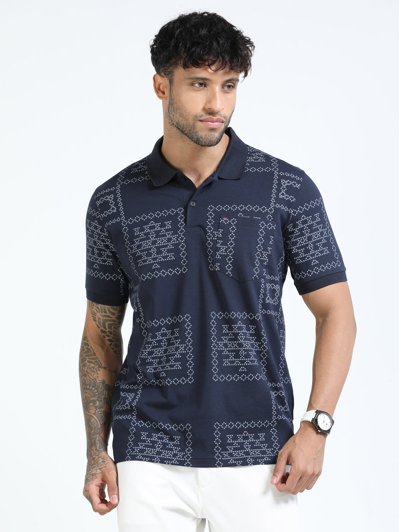 Men Navy Slim Fit Printed Polo T-Shirt