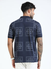 Men Navy Slim Fit Printed Polo T-Shirt