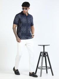 Men Navy Slim Fit Printed Polo T-Shirt