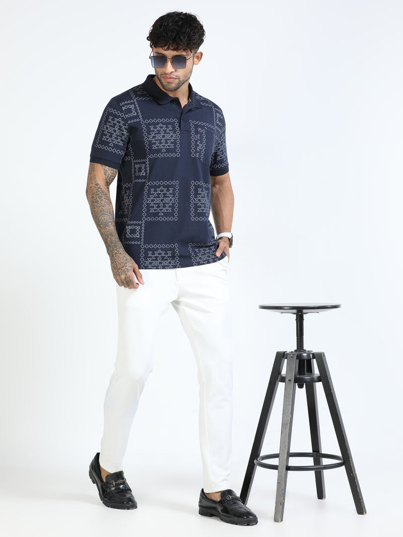 Men Navy Slim Fit Printed Polo T-Shirt