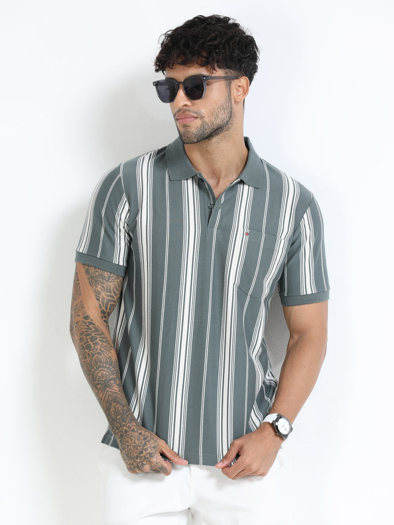Men Lt. Green Slim Fit Stripes Polo T-Shirt