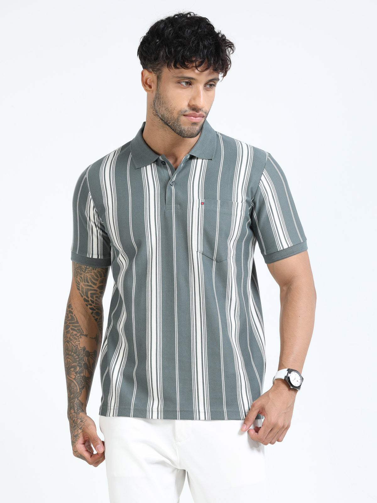 Men Lt. Green Slim Fit Stripes Polo T-Shirt