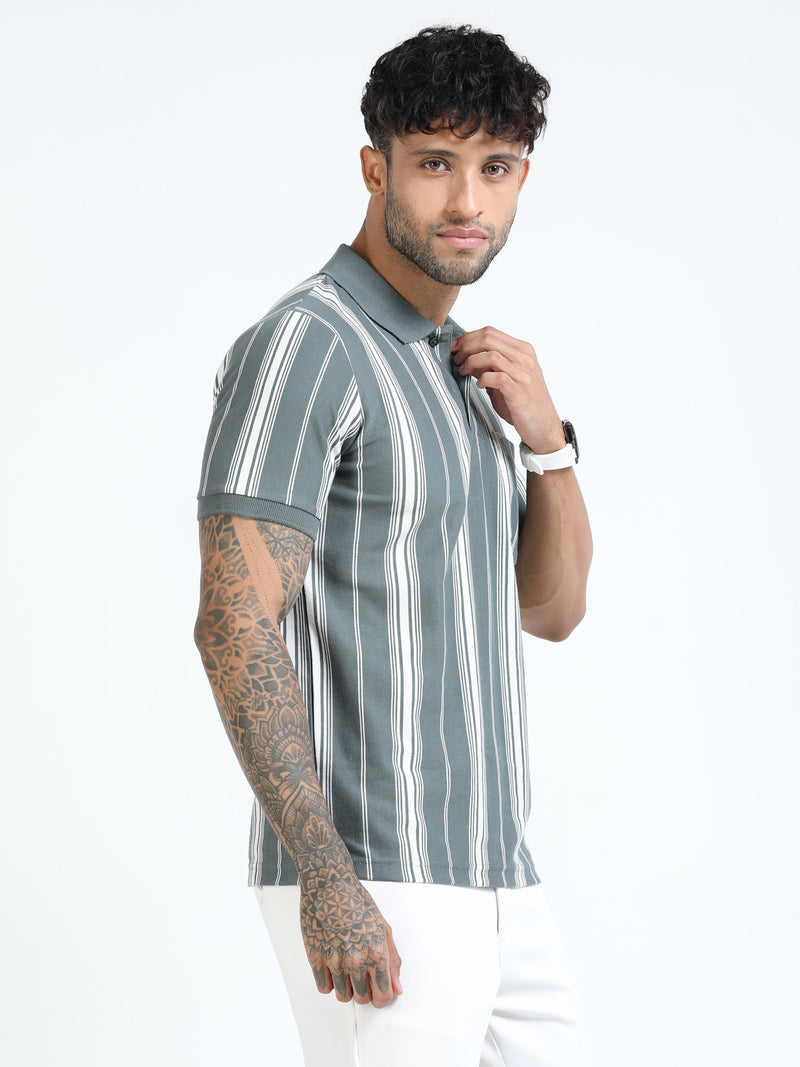 Men Lt. Green Slim Fit Stripes Polo T-Shirt