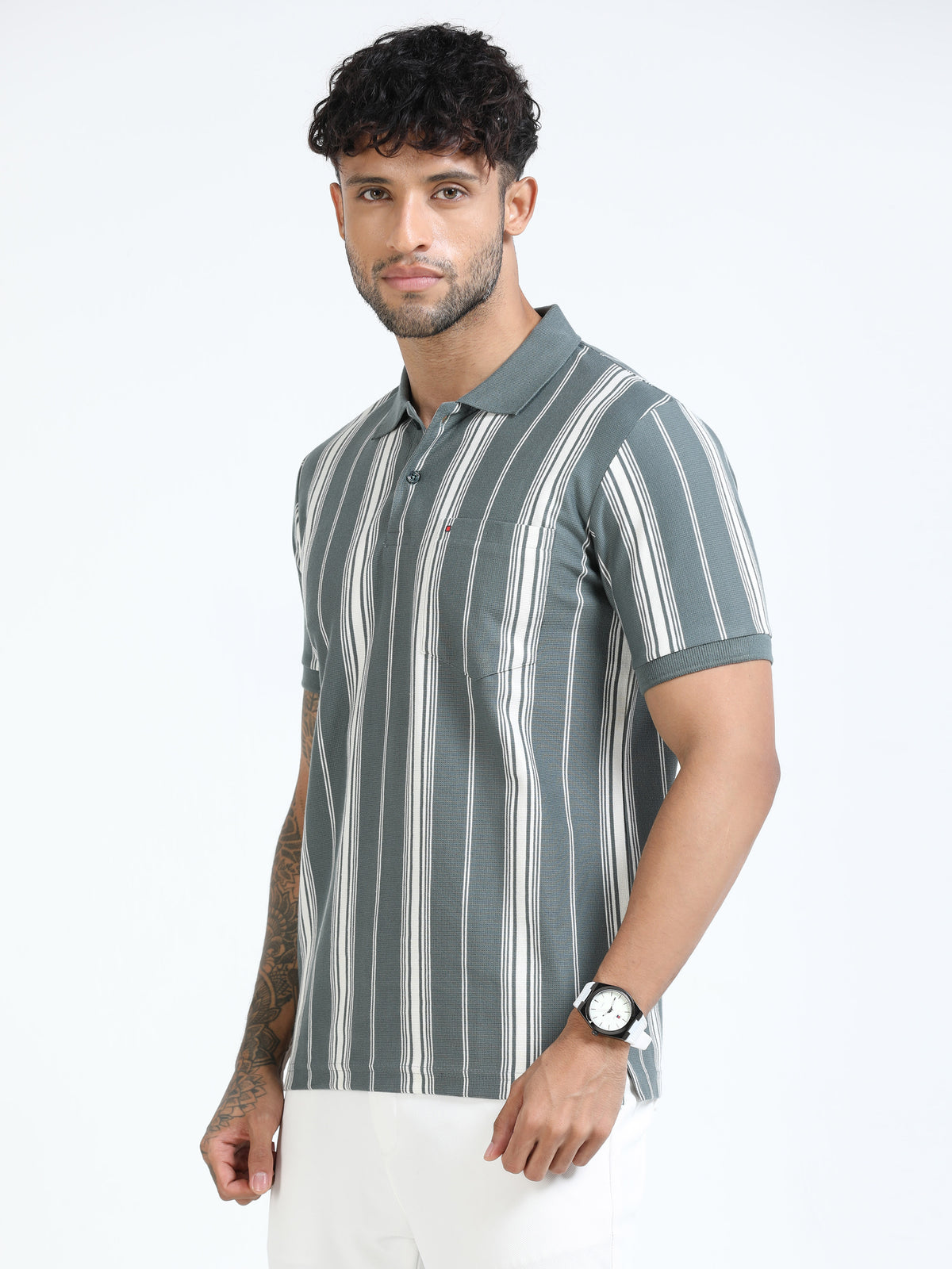 Men Lt. Green Slim Fit Stripes Polo T-Shirt