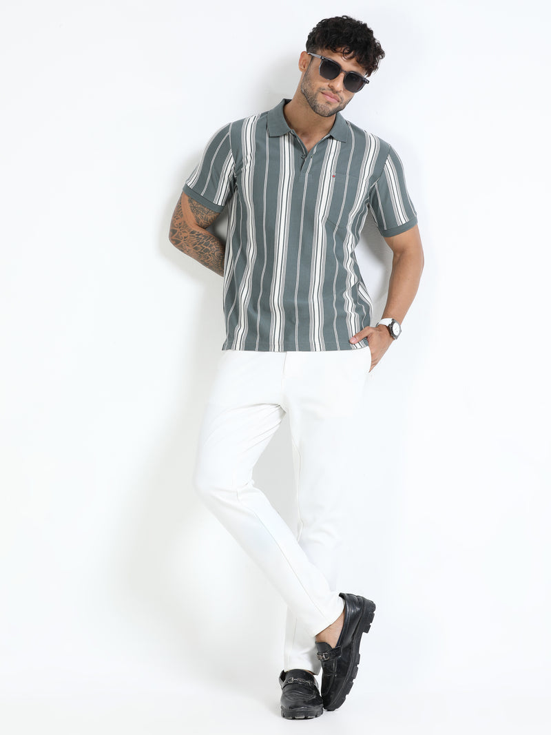 Men Lt. Green Slim Fit Stripes Polo T-Shirt