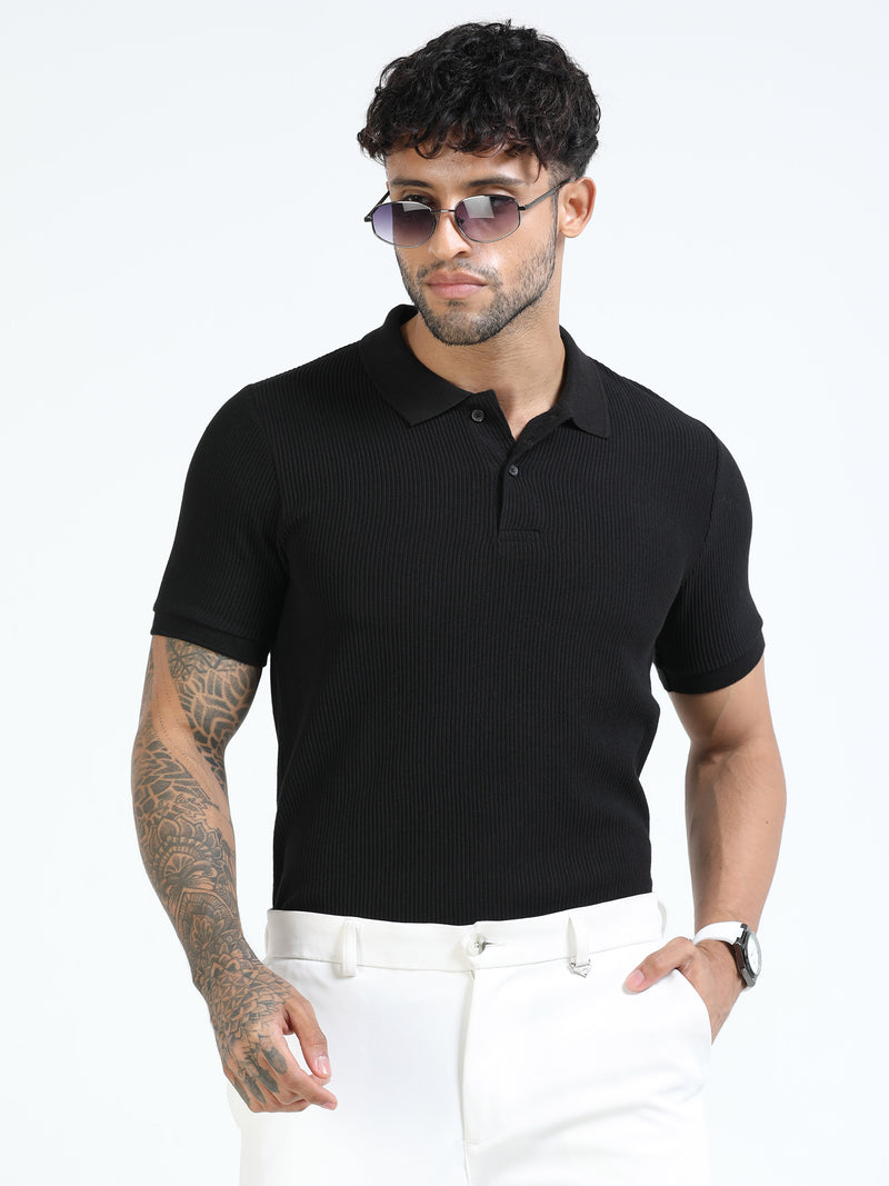 Men Black Slim Fit Drop Needle Polo T-Shirt