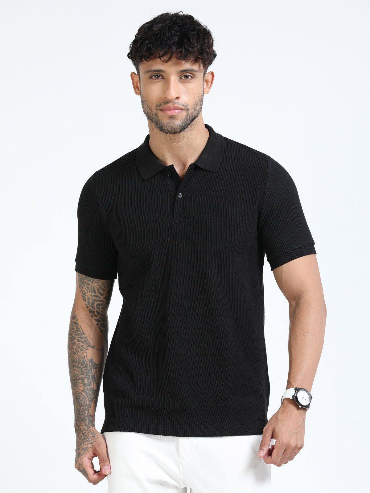 Men Black Slim Fit Drop Needle Polo T-Shirt