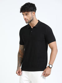 Men Black Slim Fit Drop Needle Polo T-Shirt