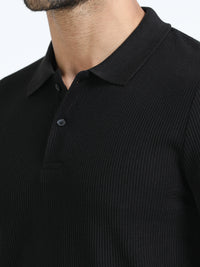 Men Black Slim Fit Drop Needle Polo T-Shirt