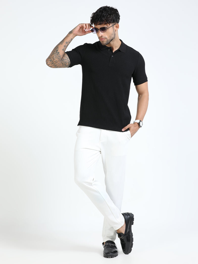 Men Black Slim Fit Drop Needle Polo T-Shirt