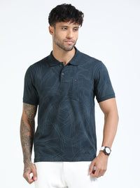 Men Bottle Green Slim Fit Abstract Printed  Polo T-Shirt