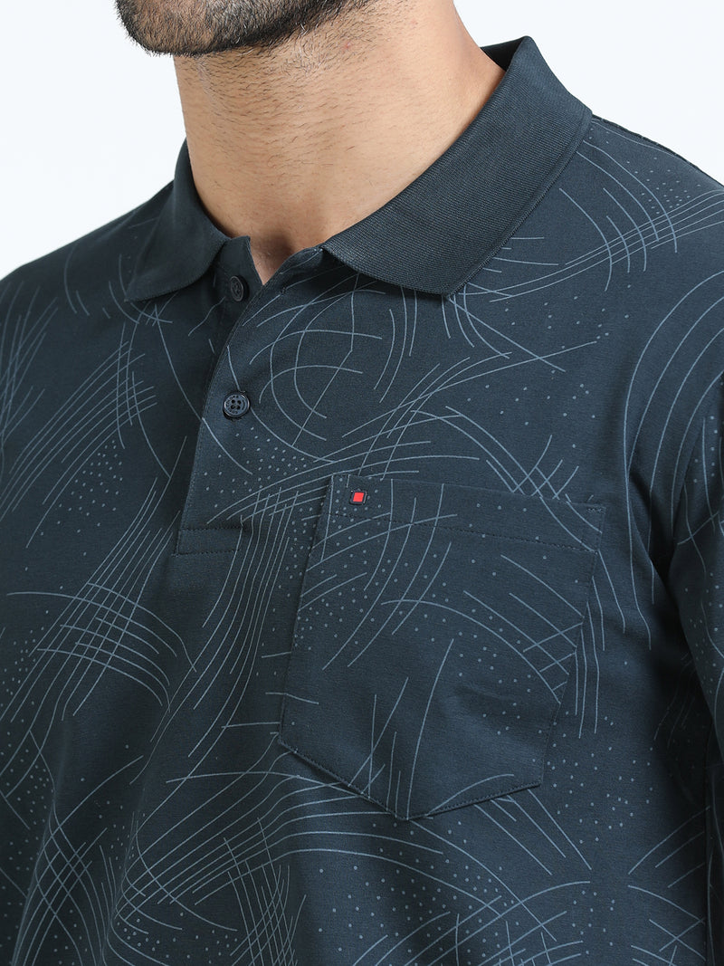 Men Bottle Green Slim Fit Abstract Printed  Polo T-Shirt