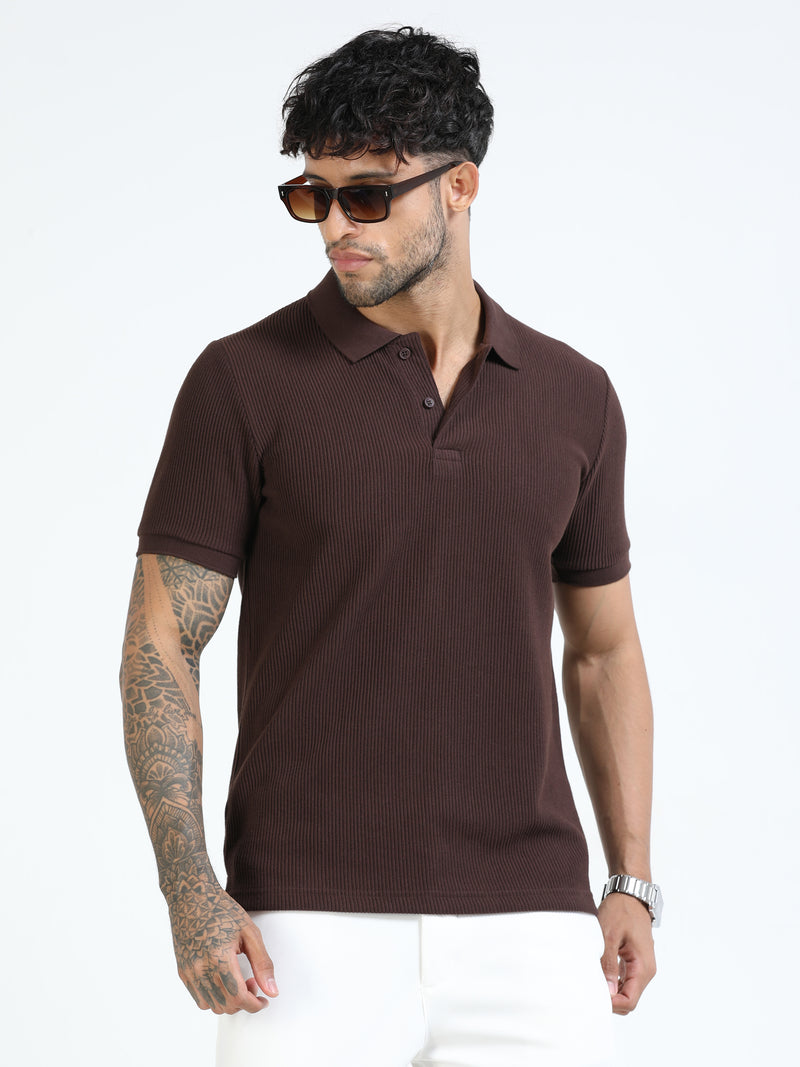 Men Brown Slim Fit Drop Needle Polo T-Shirt