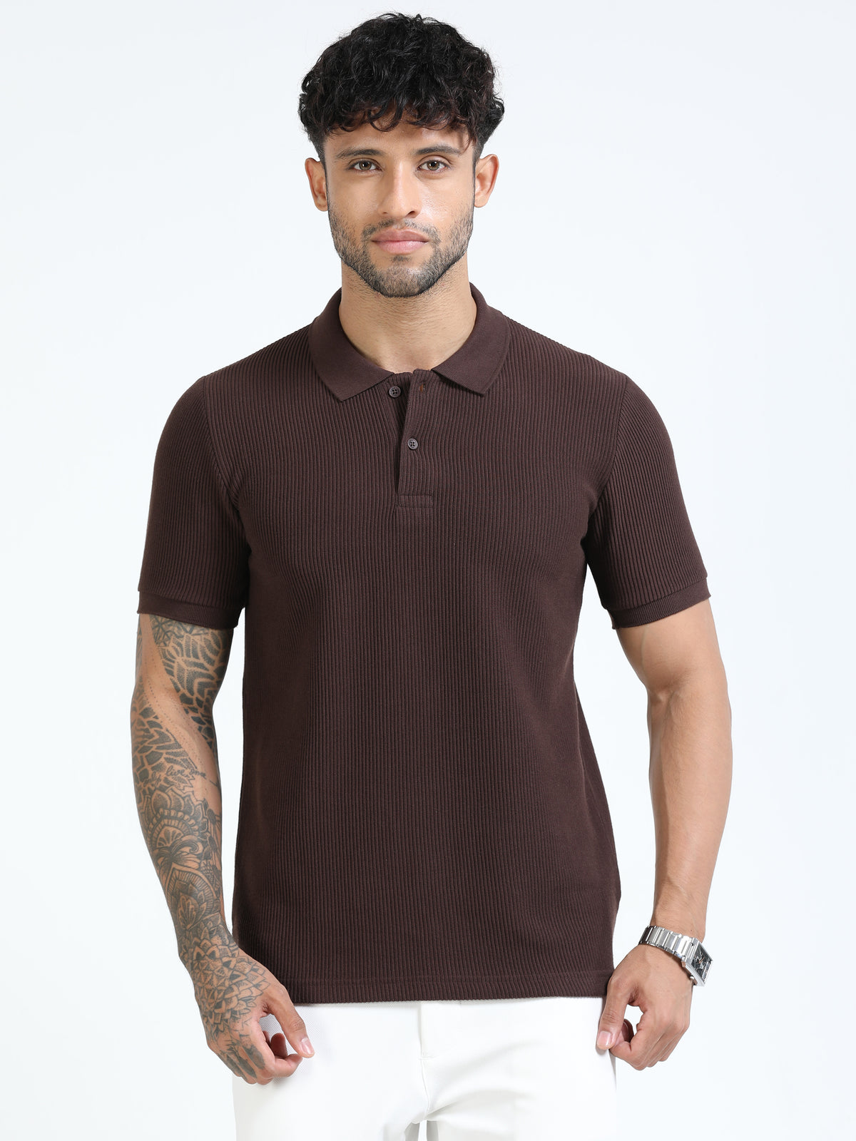Men Brown Slim Fit Drop Needle Polo T-Shirt