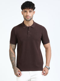 Men Brown Slim Fit Drop Needle Polo T-Shirt