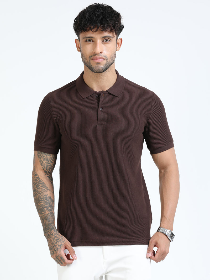 Men Brown Slim Fit Drop Needle Polo T-Shirt