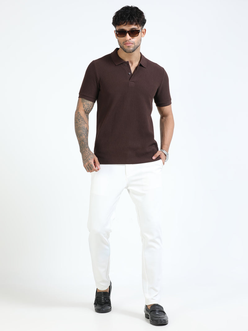 Men Brown Slim Fit Drop Needle Polo T-Shirt