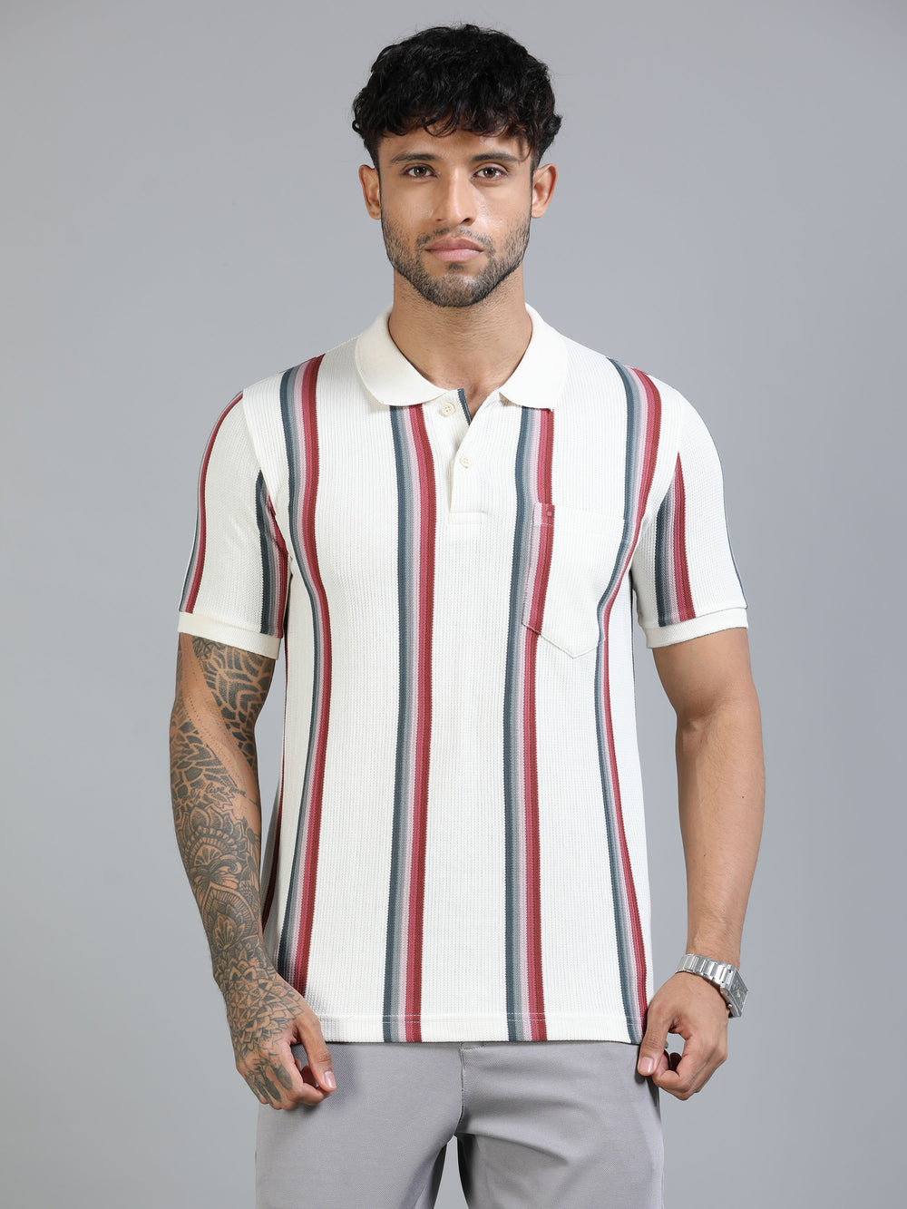 Men Red Slim Fit Kintted Vertical Stripe Polo T-Shirt