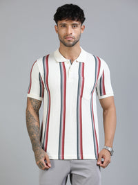 Men Red Slim Fit Kintted Vertical Stripe Polo T-Shirt