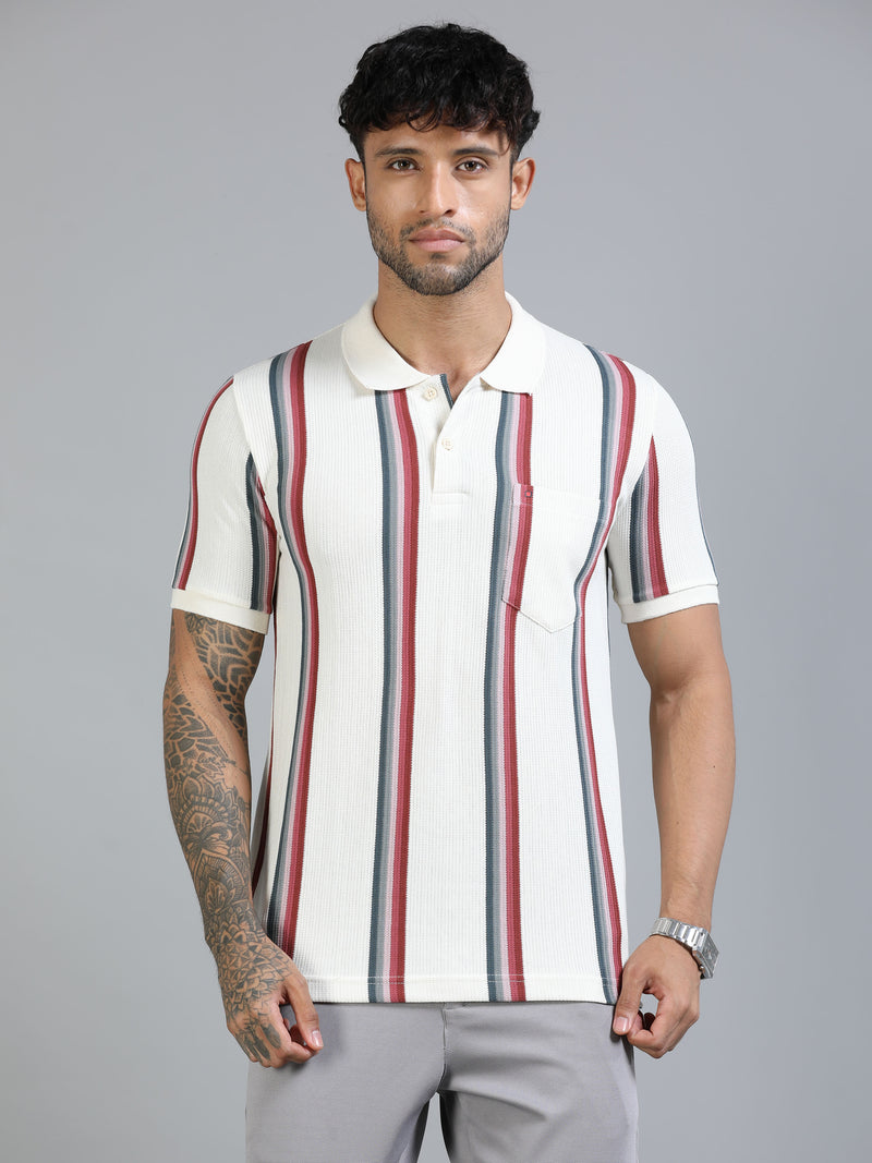 Men Red Slim Fit Kintted Vertical Stripe Polo T-Shirt