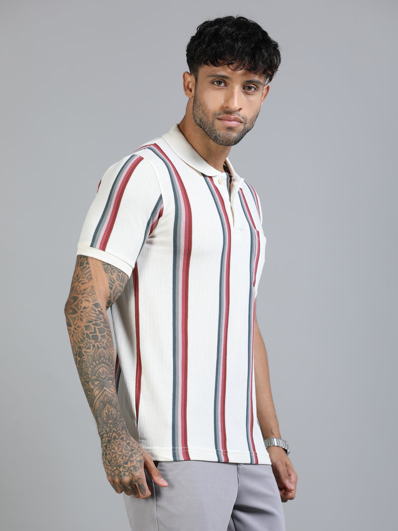 Men Red Slim Fit Kintted Vertical Stripe Polo T-Shirt