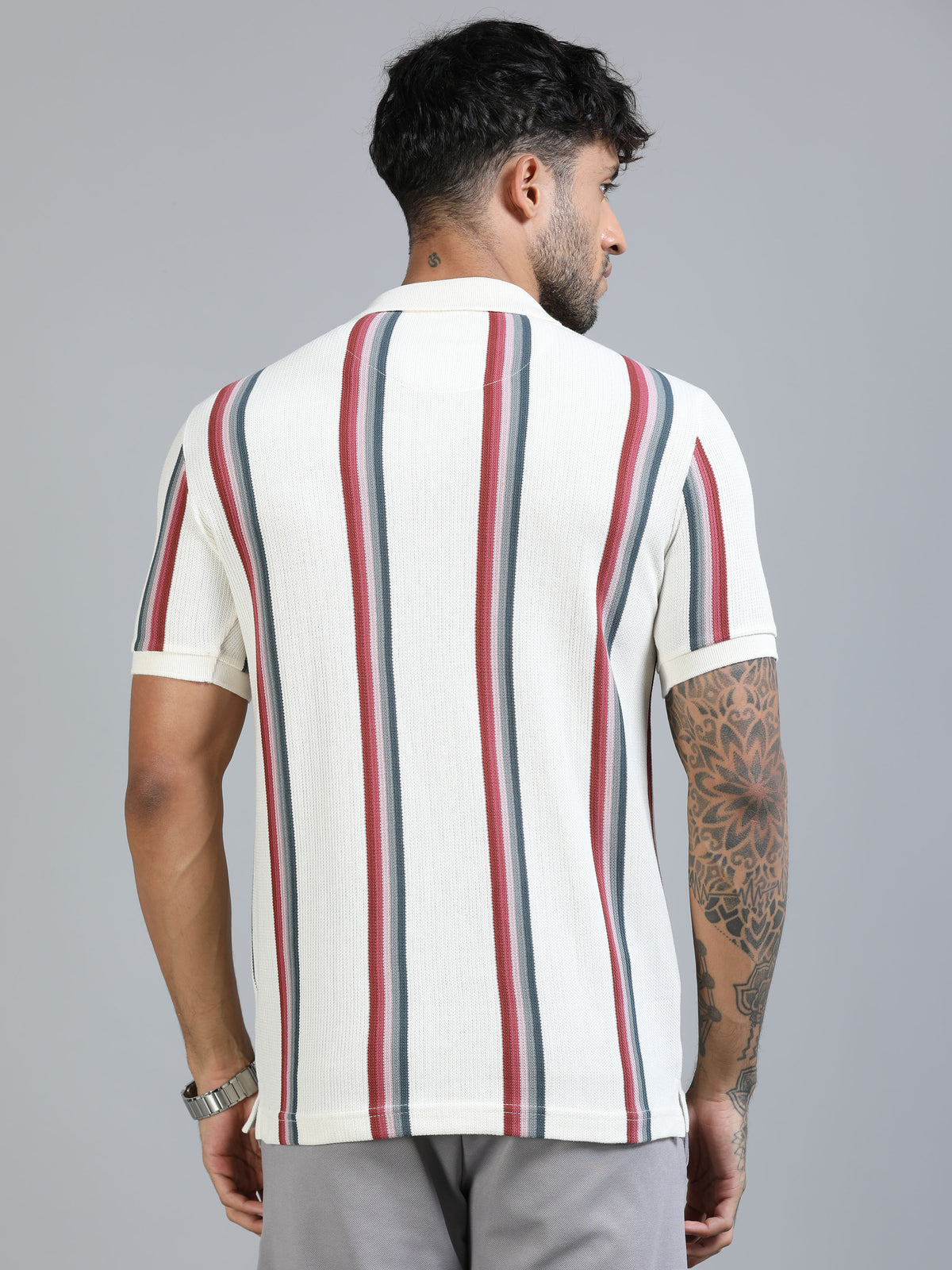 Men Red Slim Fit Kintted Vertical Stripe Polo T-Shirt