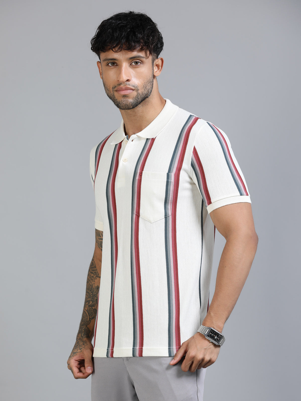 Men Red Slim Fit Kintted Vertical Stripe Polo T-Shirt
