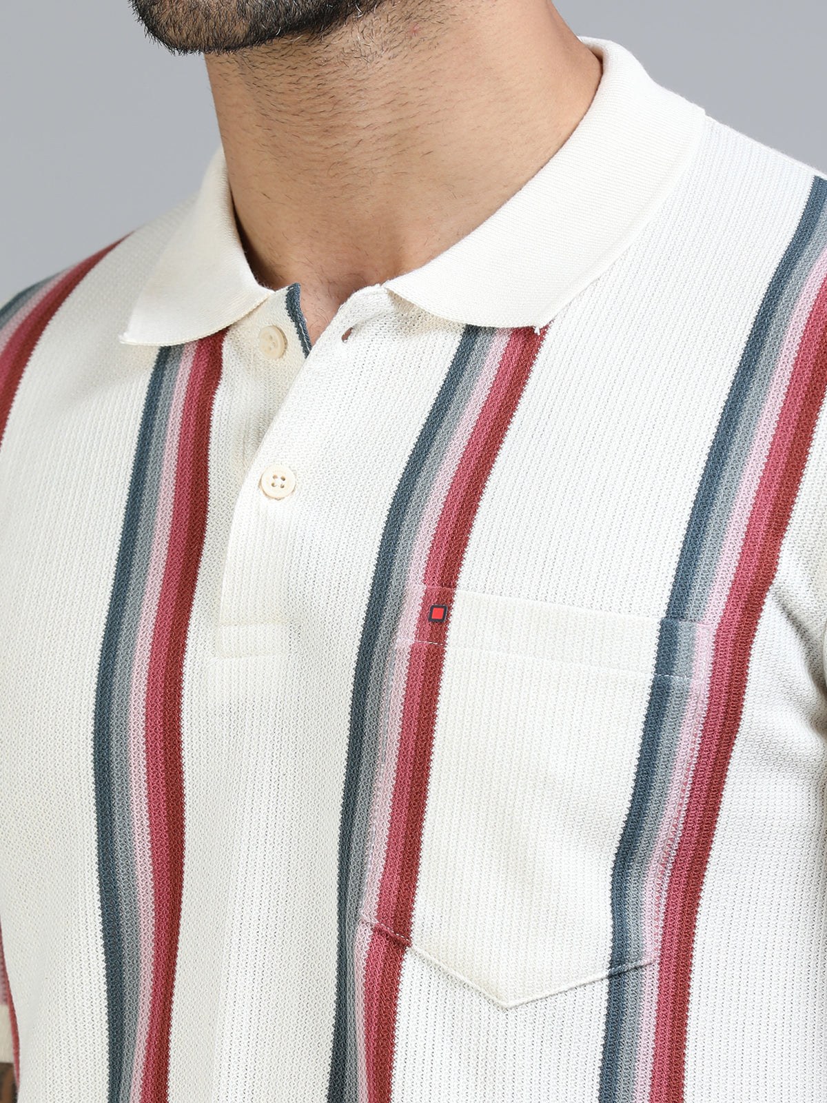 Men Red Slim Fit Kintted Vertical Stripe Polo T-Shirt