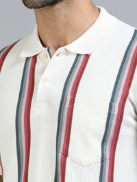Men Red Slim Fit Kintted Vertical Stripe Polo T-Shirt