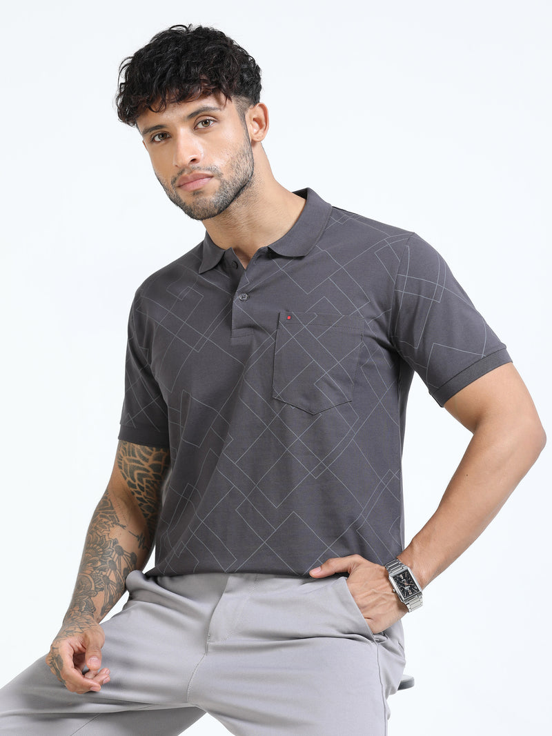 Men Black Slim Fit Zig Zag Printed  Polo T-Shirt