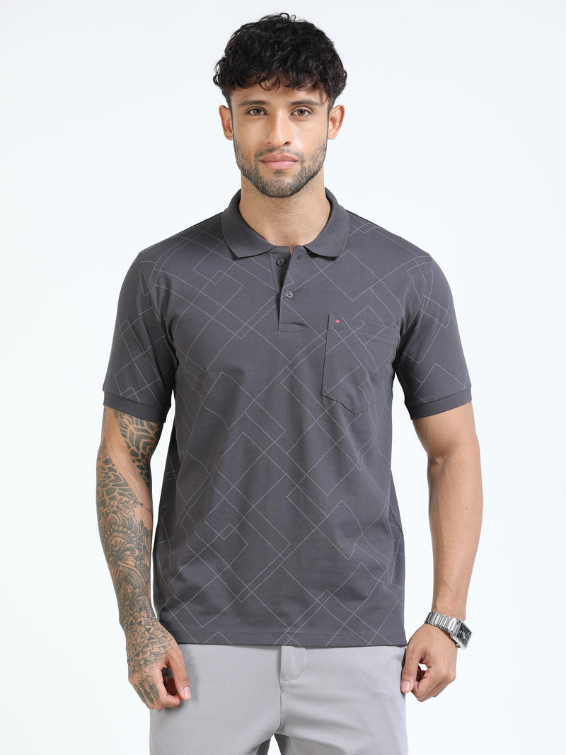 Men Black Slim Fit Zig Zag Printed  Polo T-Shirt