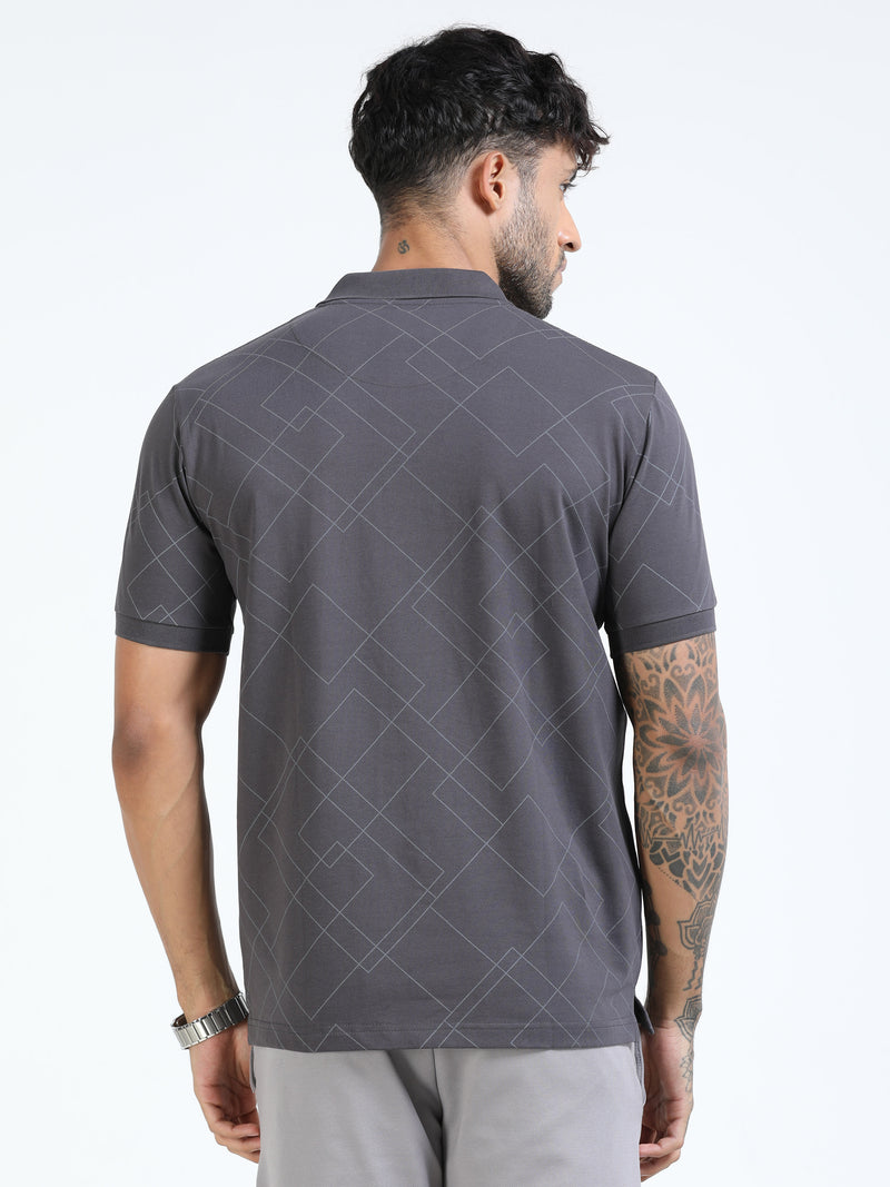 Men Black Slim Fit Zig Zag Printed  Polo T-Shirt