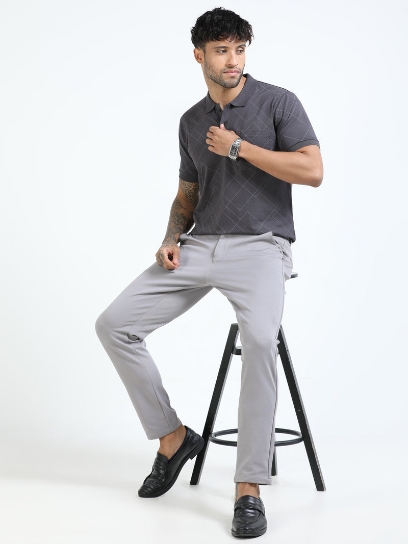 Men Black Slim Fit Zig Zag Printed  Polo T-Shirt