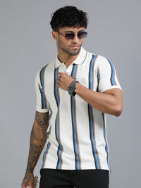 Men Blue Slim Fit Kintted Vertical Stripe Polo T-Shirt