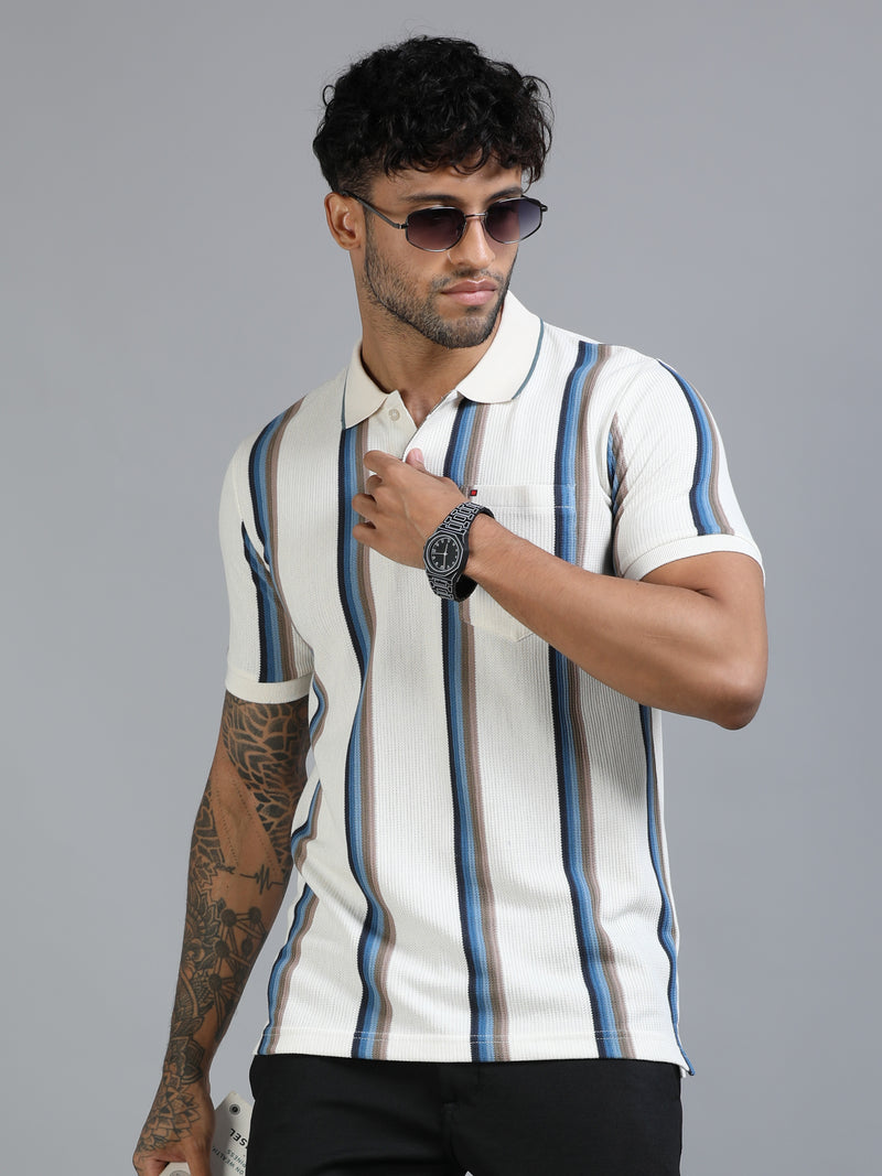 Men Blue Slim Fit Kintted Vertical Stripe Polo T-Shirt