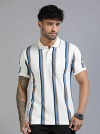 Men Blue Slim Fit Kintted Vertical Stripe Polo T-Shirt