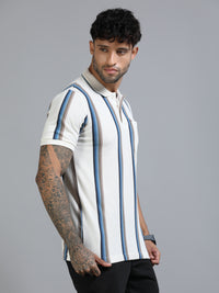Men Blue Slim Fit Kintted Vertical Stripe Polo T-Shirt
