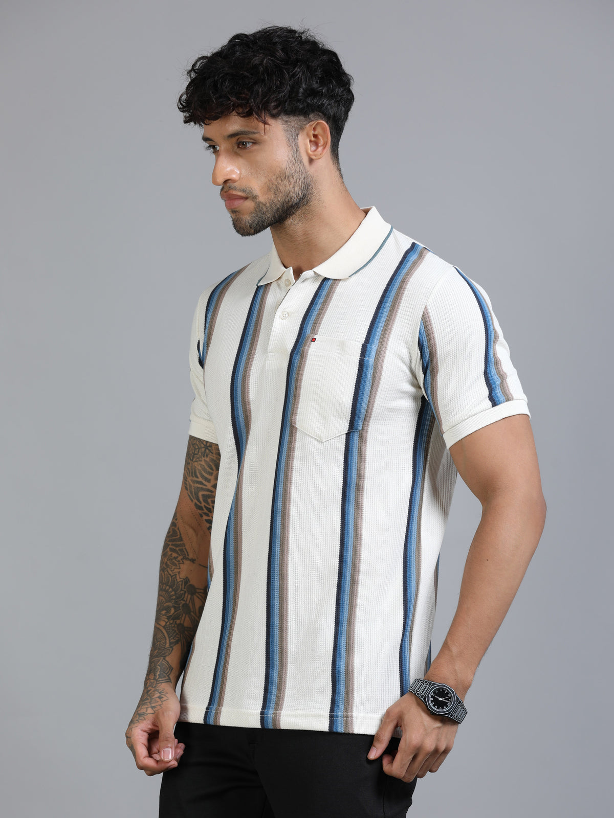 Men Blue Slim Fit Kintted Vertical Stripe Polo T-Shirt