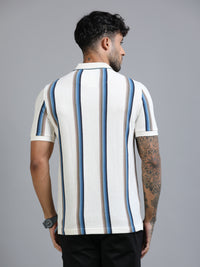 Men Blue Slim Fit Kintted Vertical Stripe Polo T-Shirt