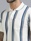 Men Blue Slim Fit Kintted Vertical Stripe Polo T-Shirt