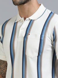 Men Blue Slim Fit Kintted Vertical Stripe Polo T-Shirt